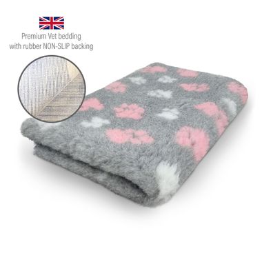 DRYBED Premium Vet Bed šedý + ružové a biele labky 100 x 75 cm