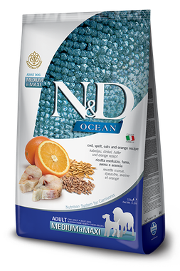 Farmina N&D dog OCEAN AG Adult Medium & Maxi Treska, špalda, ovos & pomaranč 12 kg