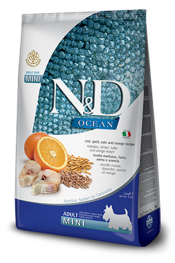 Farmina N&D dog OCEAN AG Adult Mini Treska, špalda, ovos & pomaranč 0,8 kg